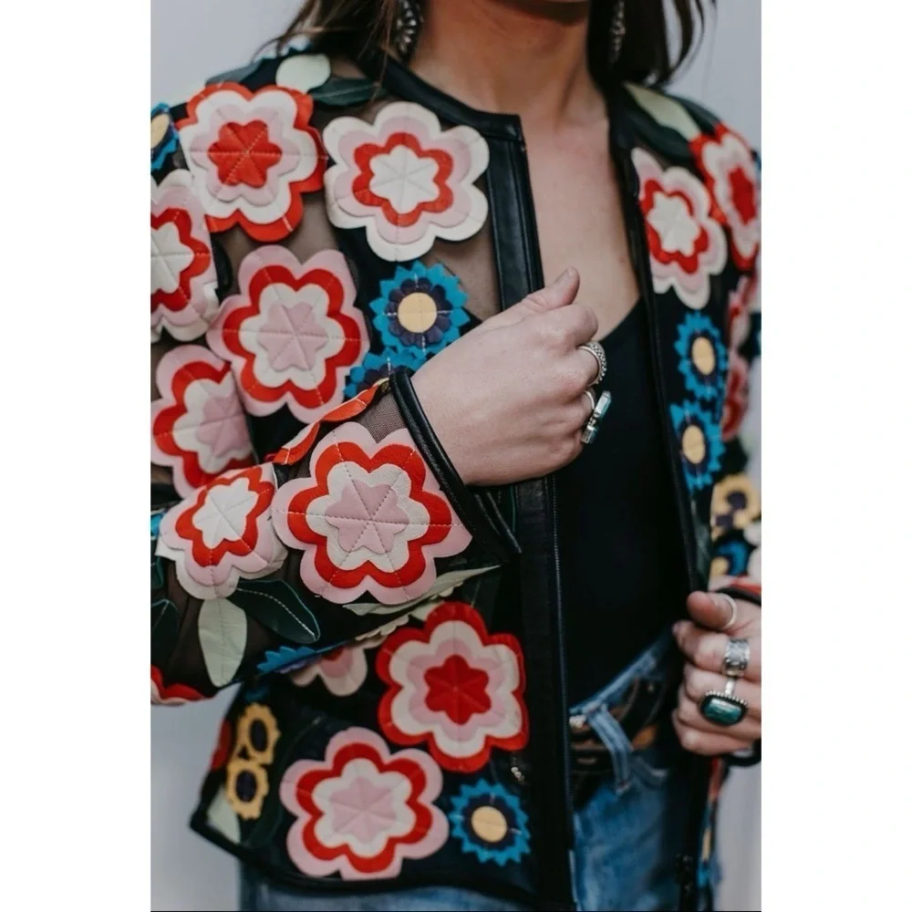 Dakota West Short Art Deco Leather Jacket Black Floral Medium